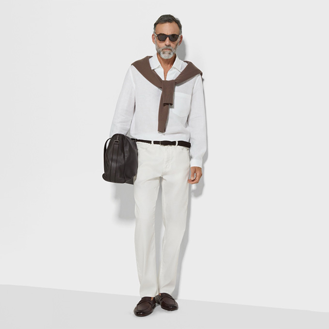 zegna oasi lino open collar v-neck linen shirt
